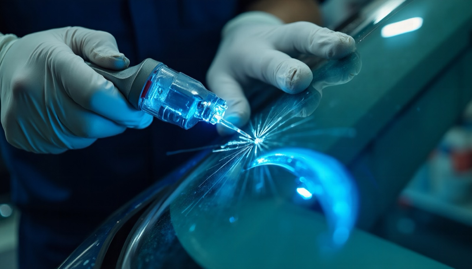 Close-up of professional rock chip repair on a windshield